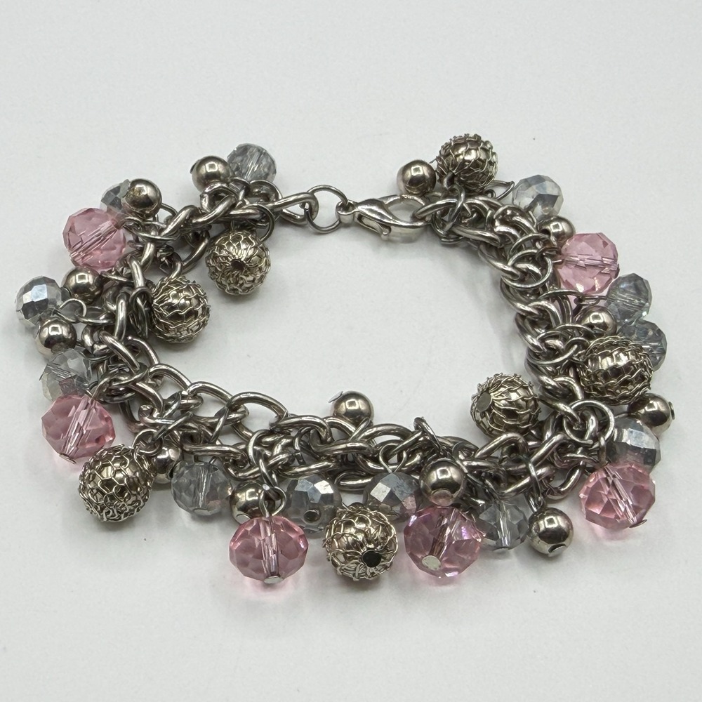 Silver Tone Pink Crystal Beaded Cha Cha Charm Bracelet Chunky Coquette Gift